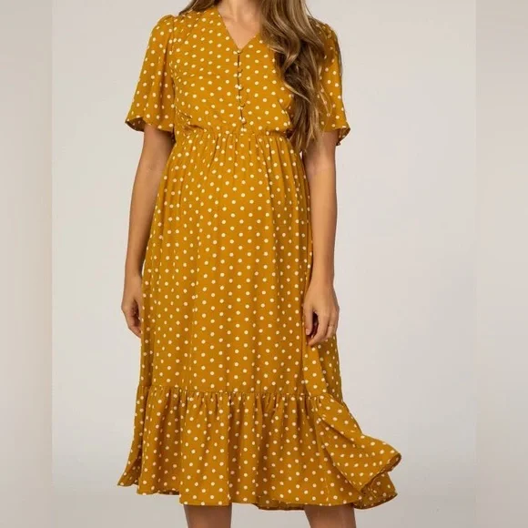 BRAND NEW ~ Mustard & White Polka Dot Maternity Midi Length Dress ~ NWOT - Picture 2 of 11